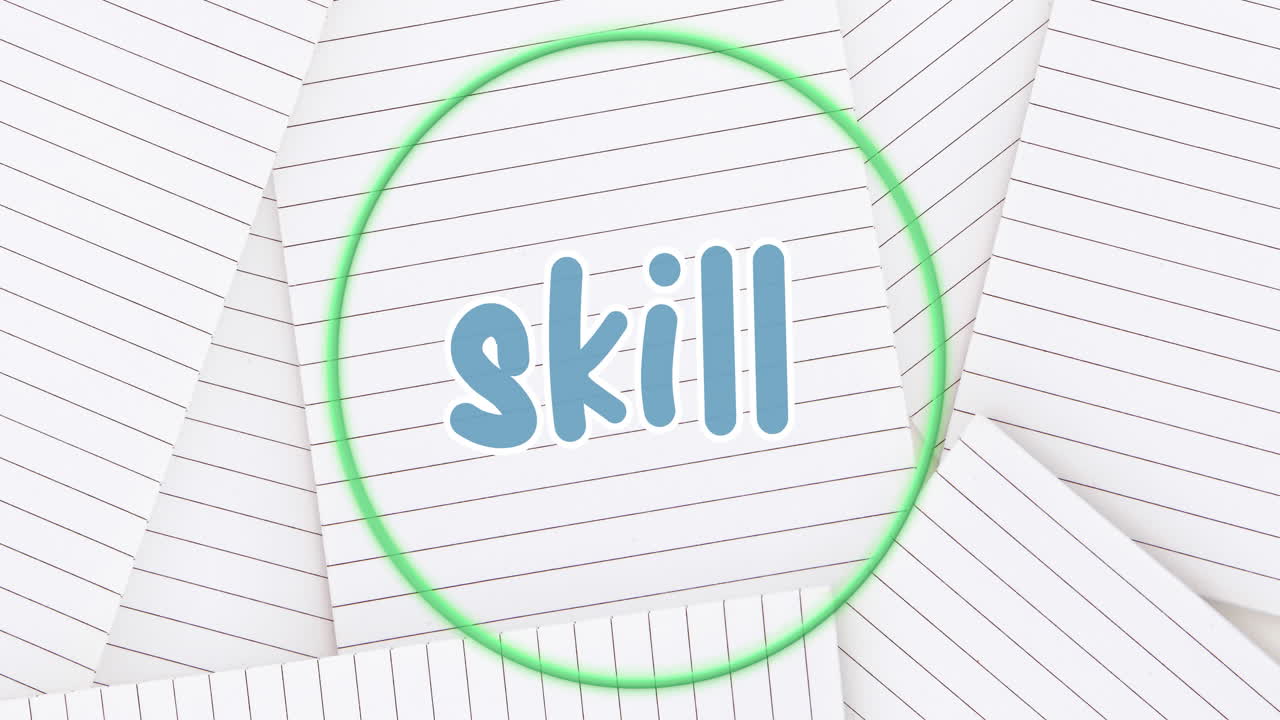 Animation of skill text over neon green circular banner against white lined papers in background