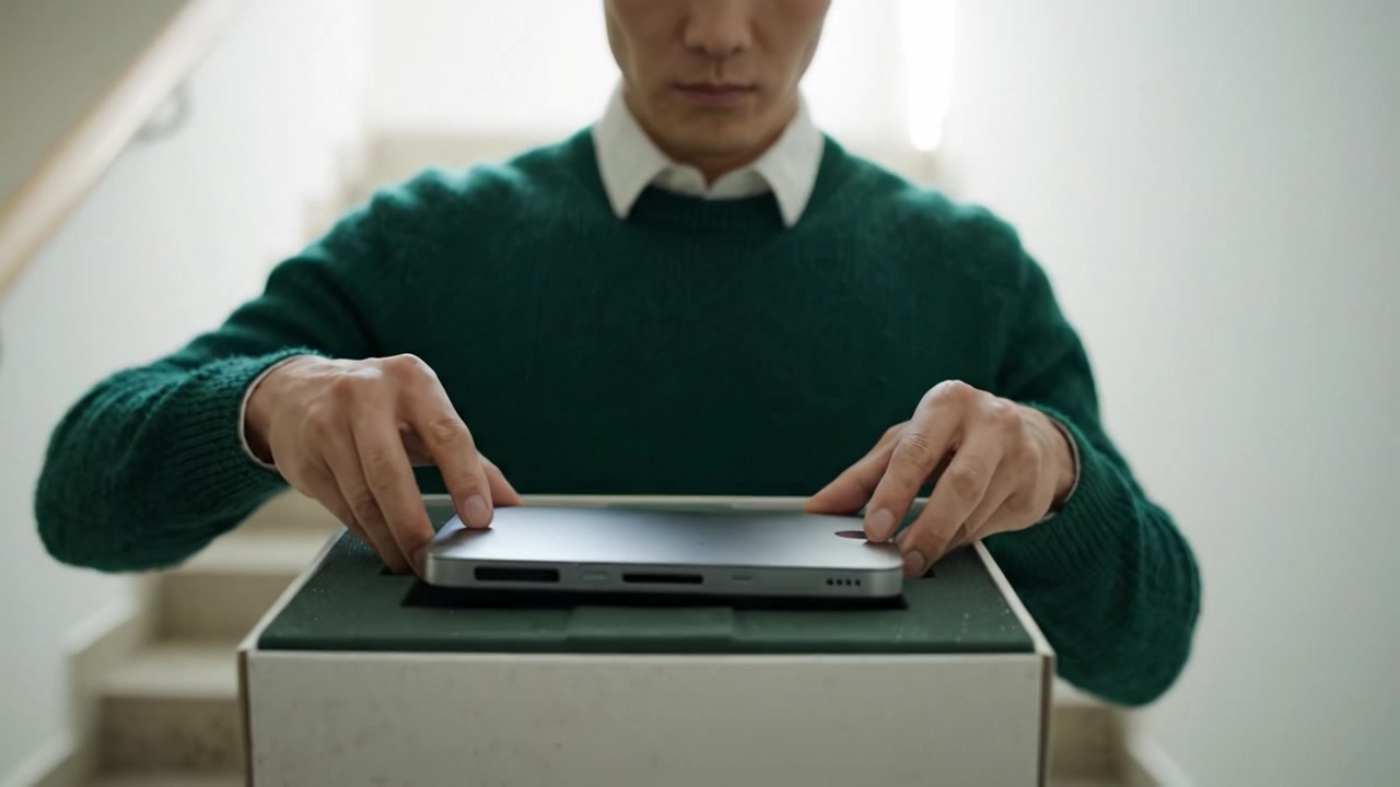 A man carefully examines a sleek, new laptop in a stylish packaging, showcasing excitement and anticipation while standing on a staircase with natural light.