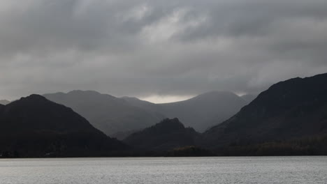 a dark and gloomy view of derwent water in the english lake district as seen from the town of keswick