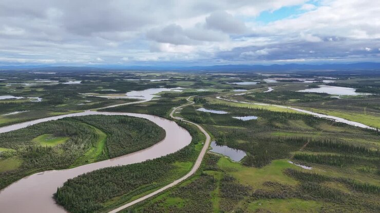 Splendida vista aerea di un fiume tortuoso che taglia un lussureggiante paesaggio verde e foreste in Alaska, perfetta per contenuti di viaggio o avventura, che ispira l'esplorazione