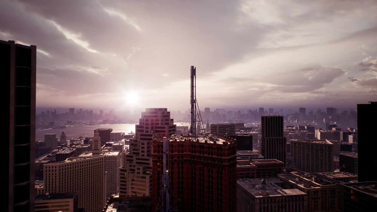 Sunset over a vibrant cityscape with skyscrapers and distant waterfront