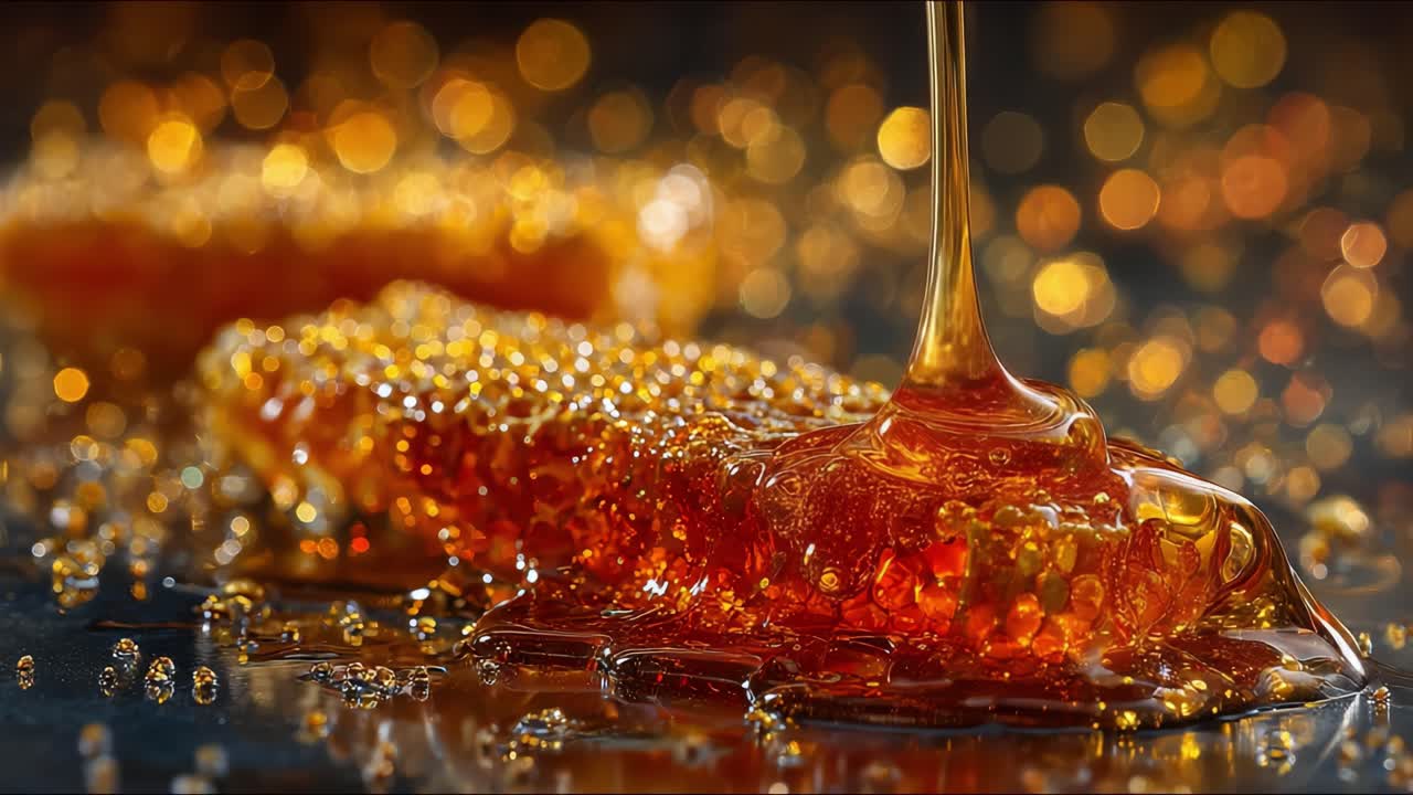 Miele Luccicante che Cola da un Favo, Catturato in Ricche Tonalità Dorate, che Mostra la Dolcezza e la Consistenza del Puro Miele Naturale