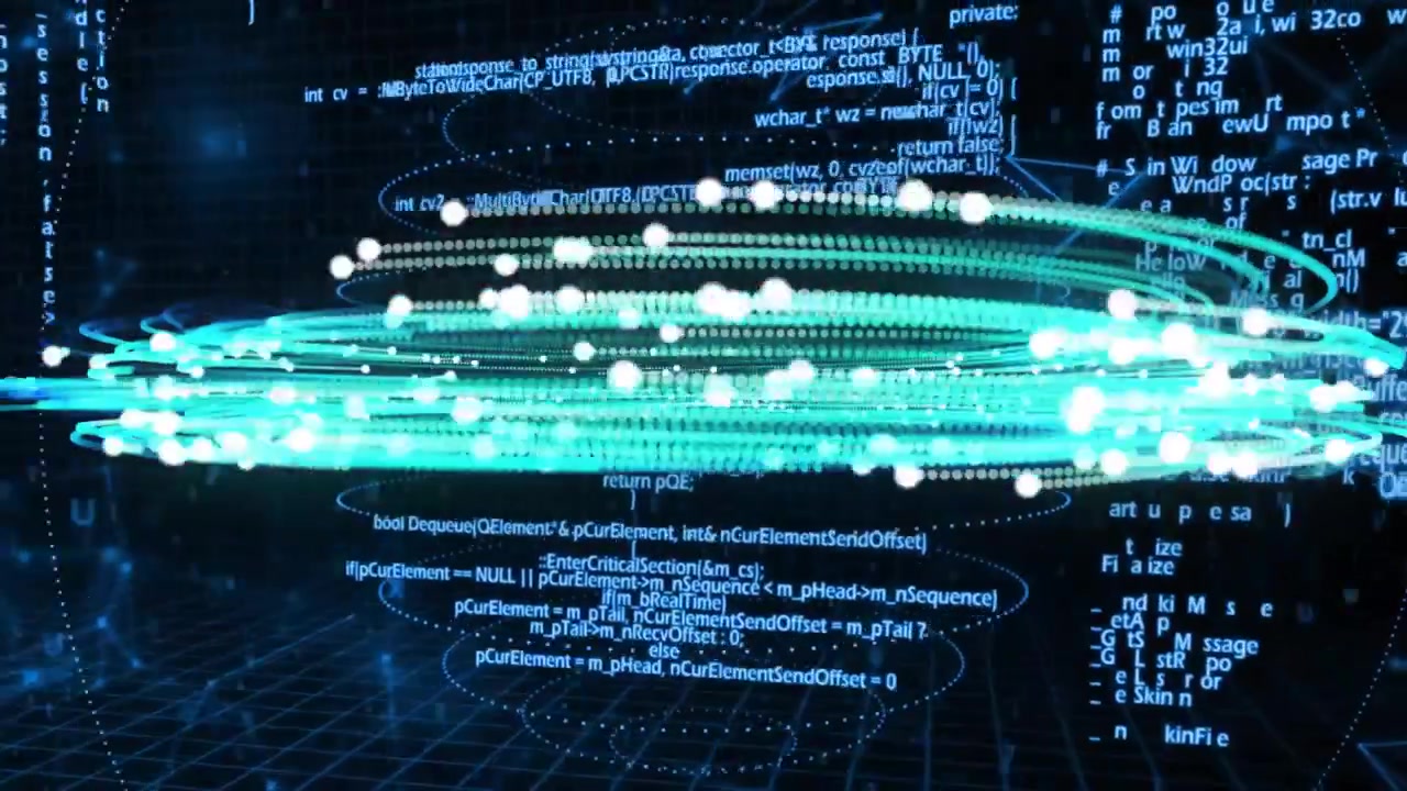 3D grid floor receding while green data rings rotating and emitting white pulses visualizing data
