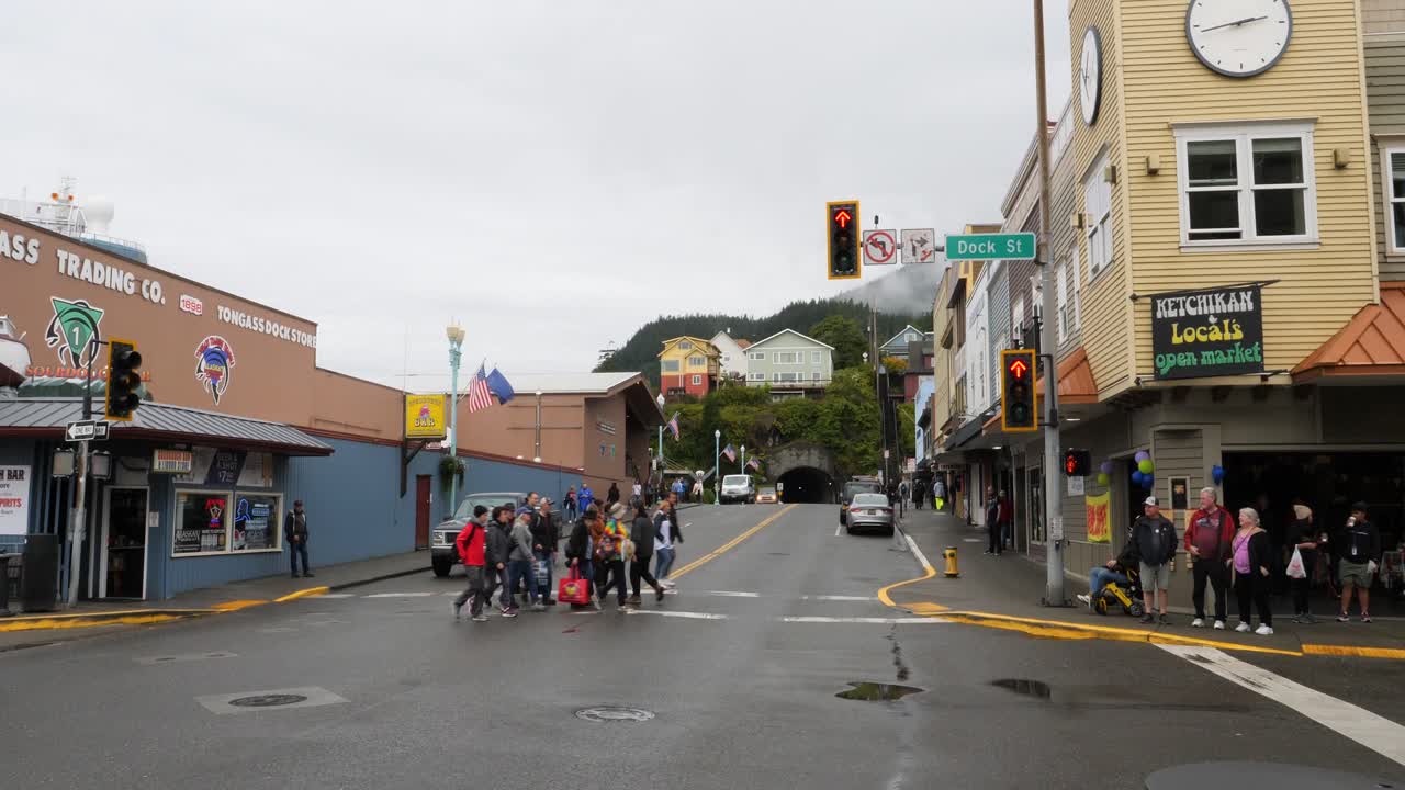 Rainy Day in Ketchikan, Alaska: People Crossing the Street at Dock Street Intersection