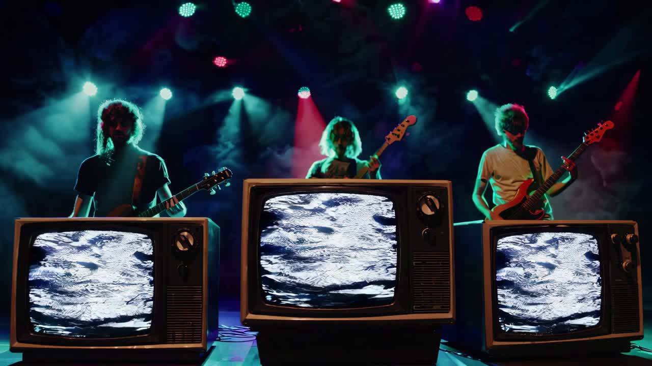 밴드가 빈티지 tv와 함께 무대에서 공연하고 있습니다.