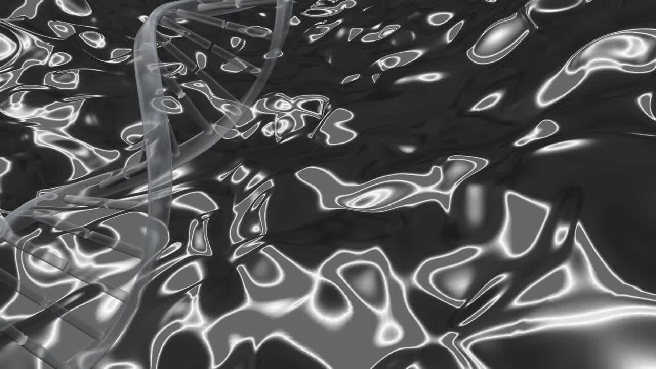 회색 액체 패턴 배경 위에 있는 dna 가닥의 애니메이션