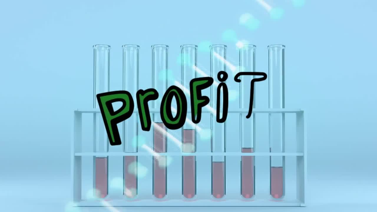Animation du texte «profit» et d'un brin d'ADN sur des éprouvettes