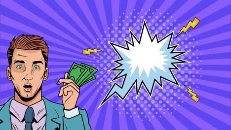 businessman with bills dollars pop art animation