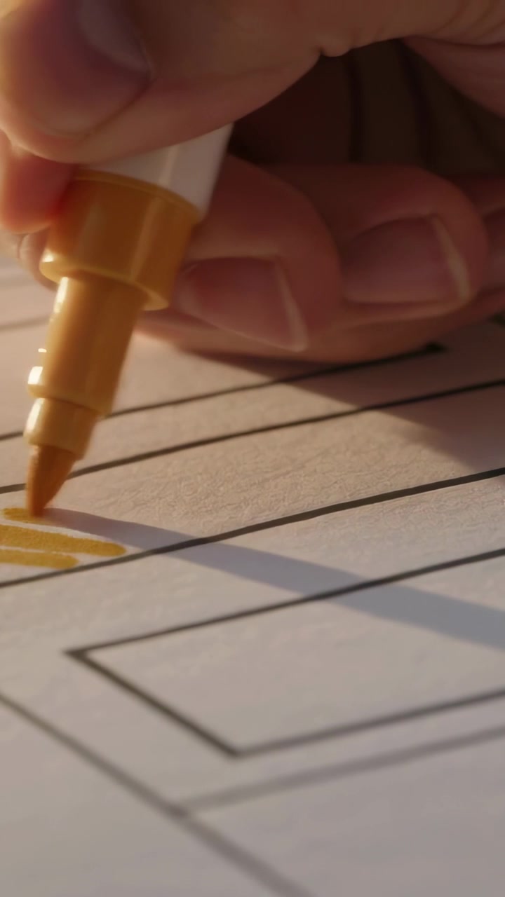 Video verticale: Una mano che si abbassa riempiendo una scatola con linee alla scrivania, poi disegna un tratto giallo con un pennarello.