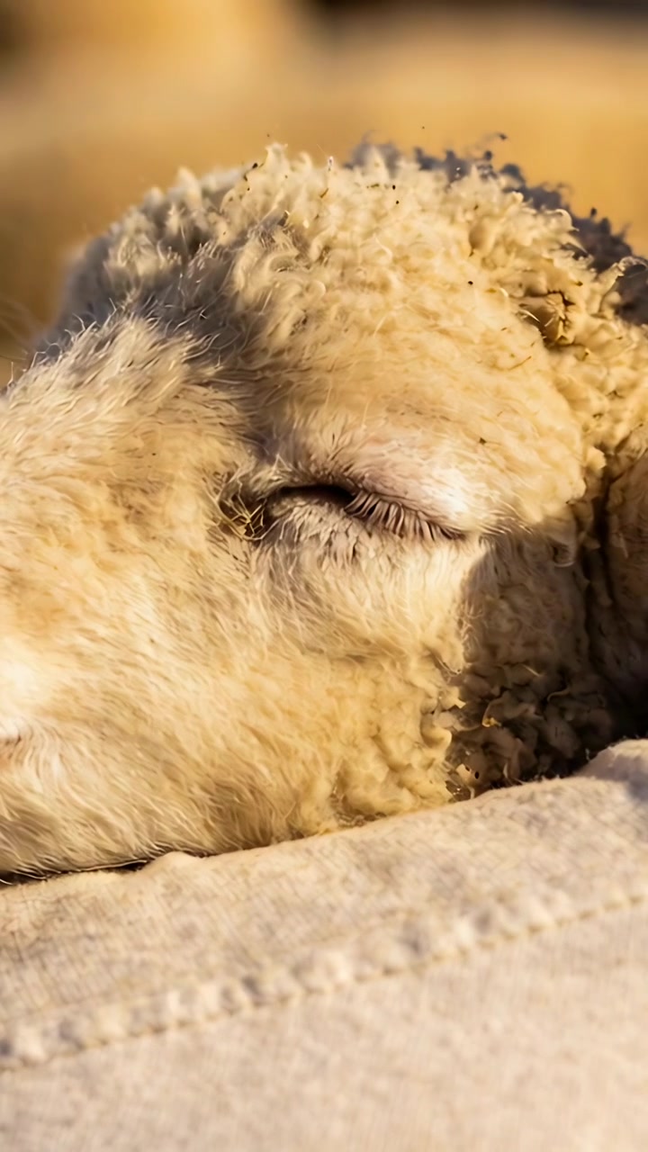 Vertical video: Resting lamb head breathing slowly on blanket at farm, eyelid flicking with breath