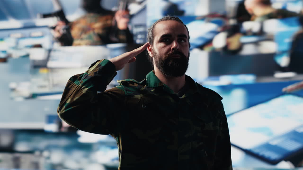 Army officer executes the respectful military salute in command center