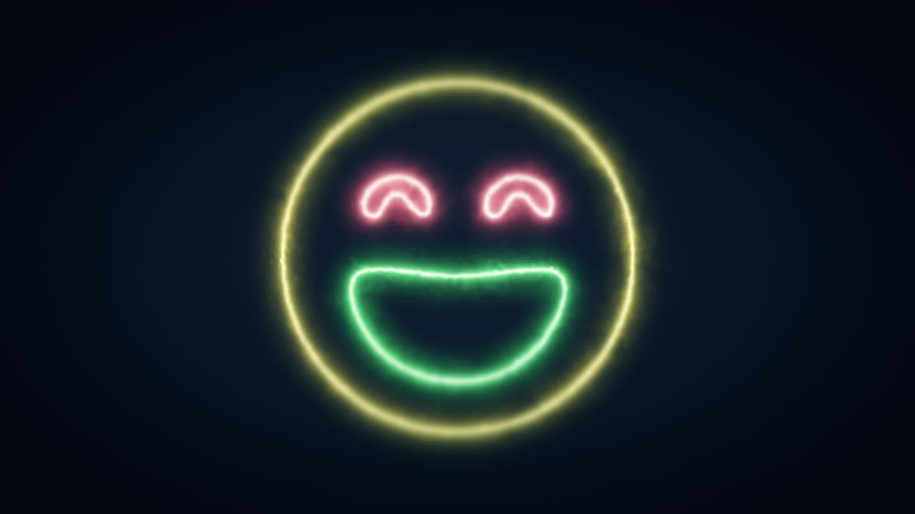 Un simpatico simbolo di una faccina sorridente e ridente, con la bocca spalancata e gli occhi curvi, che appare dall'oscurità su uno sfondo blu