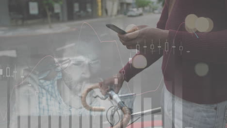 animation of financial data processing over african american man with smartphone on the go