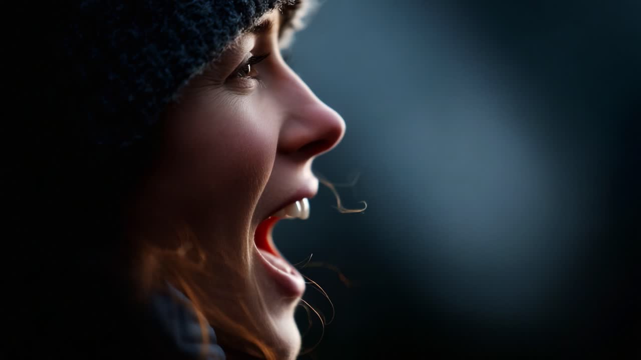 Emotionen und Ausdruck festhalten: Das Profil einer Frau mit Hut, die sich leidenschaftlich mitteilt, vor einem sanft verschwommenen Hintergrund