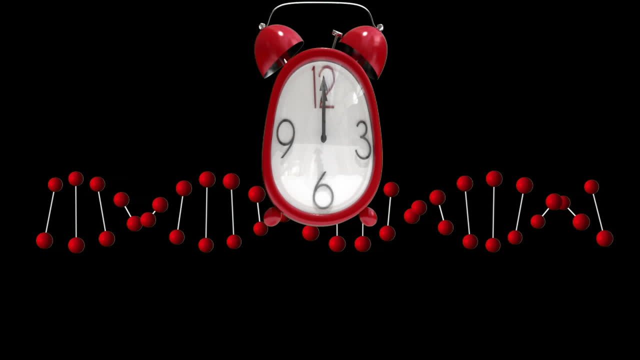 검은 바탕에 있는 dna 가닥 위로 움직이는 시계의 애니메이션