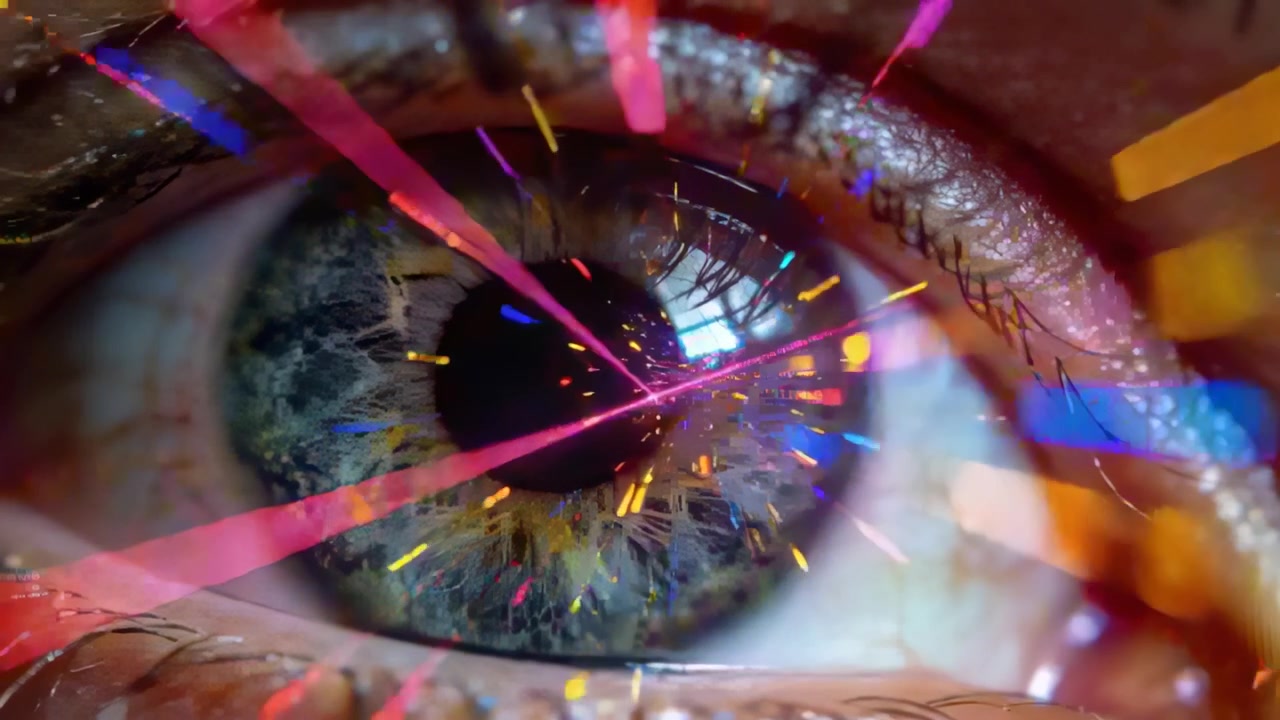 Reacting to rectangular light, human eye reflecting colorful beams and particles in studio macro