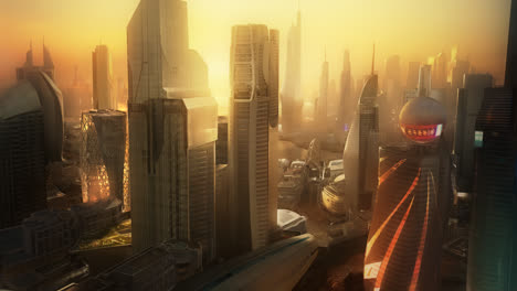 Aerial-view-of-the-futuristic-cityscape-full-of-skyscrapers.-Tall-buildings-made-of-glass-and-steel-are-city-landmarks.-The-structures-are-the-financial-and-residential-center-of-the-city.
