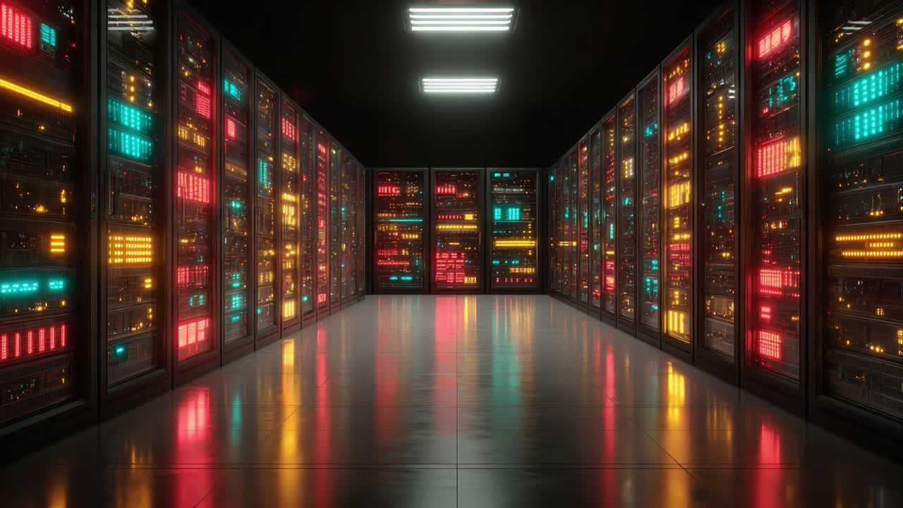 Et moderne datacenter med oplyste serverracks, der fremviser levende LED-indikatorer, som fremhæver den avancerede teknologi og indviklede infrastruktur inden for faciliteten