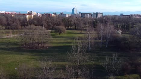 drone flight over park 'studentski' in sofia, bulgaria on a sunny day