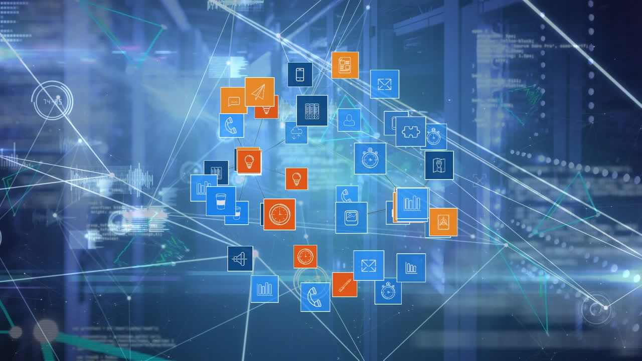 animación del globo de la red de conexiones con iconos digitales