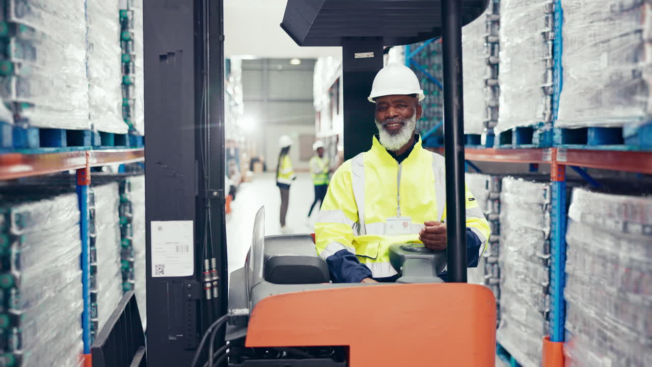 Uomo di colore, carrello elevatore e controllo dell'inventario