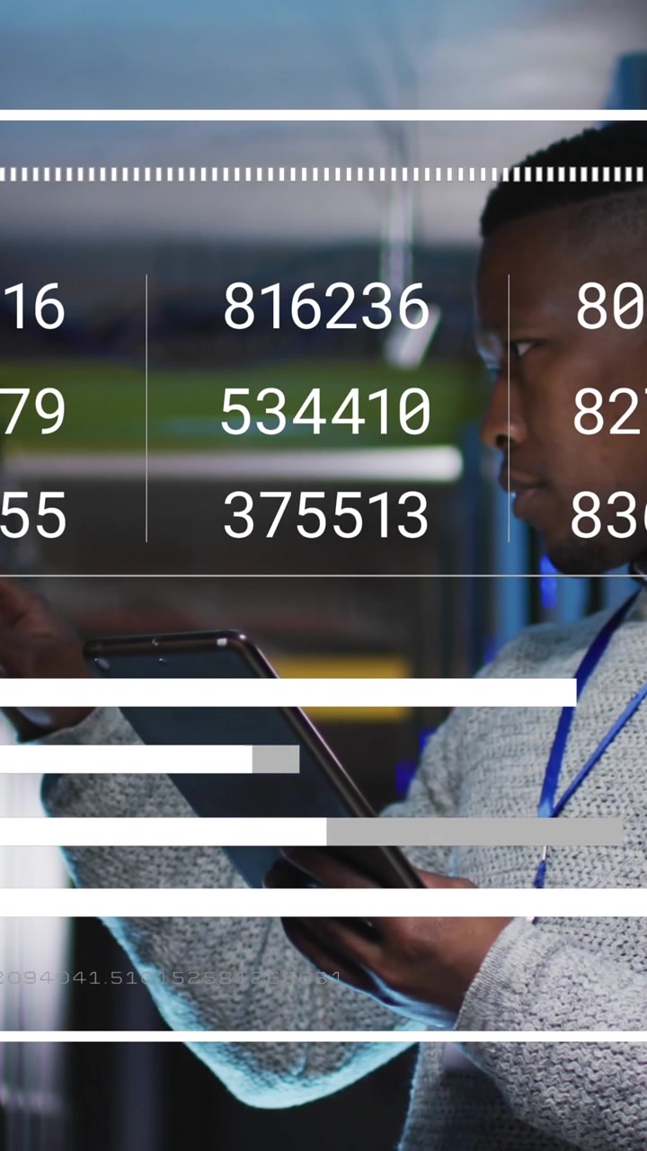 Animation of data processing over african american male engineer using tablet at server room