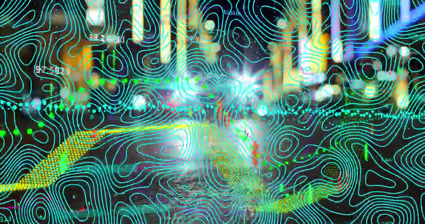 Digital Topographic Data Overlay on Blurred City Night Traffic