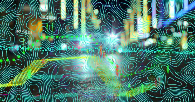 Digital Topographic Data Overlay on Blurred City Night Traffic