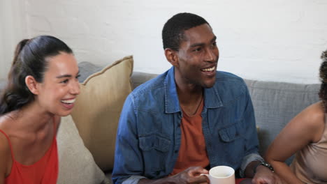 diverse friends laughing and enjoying coffee together on cozy living room couch, at home