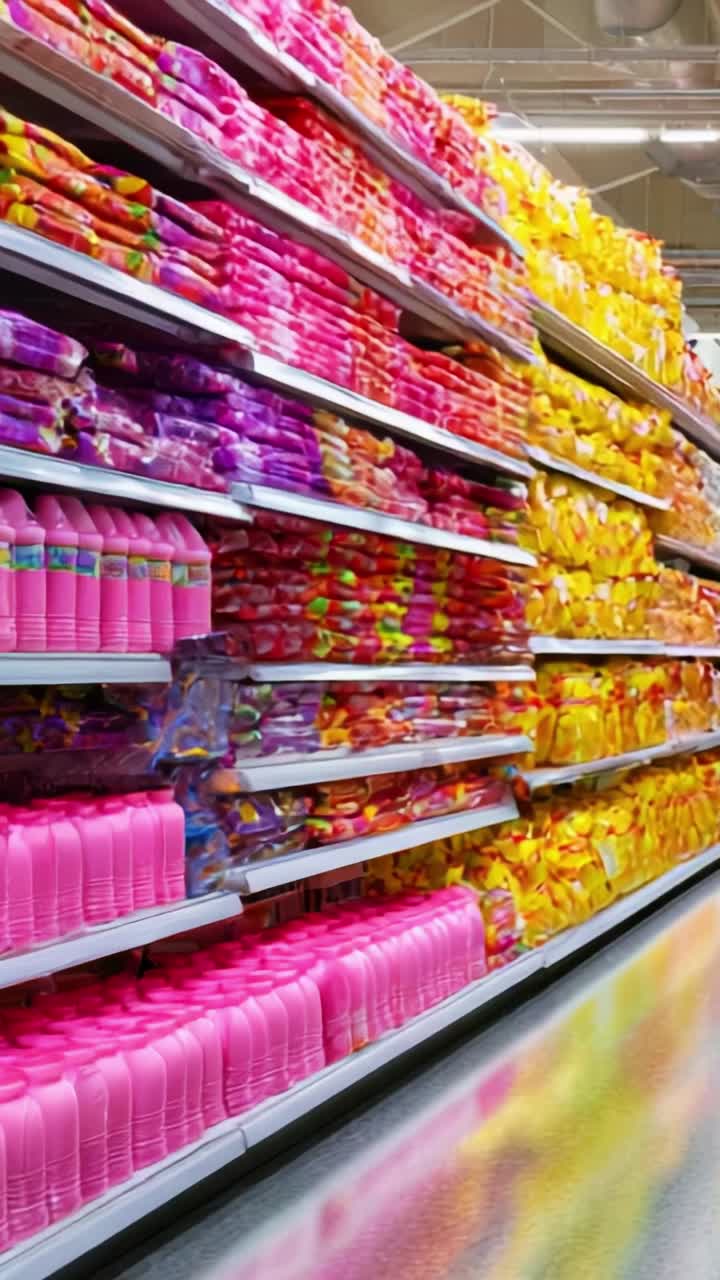 Vibrant Aisle Showcase: Colorful Shelves Filled with Bottled Products in Varying Shades of Pink, Yellow, and Orange Capturing Consumer Attention Effectively