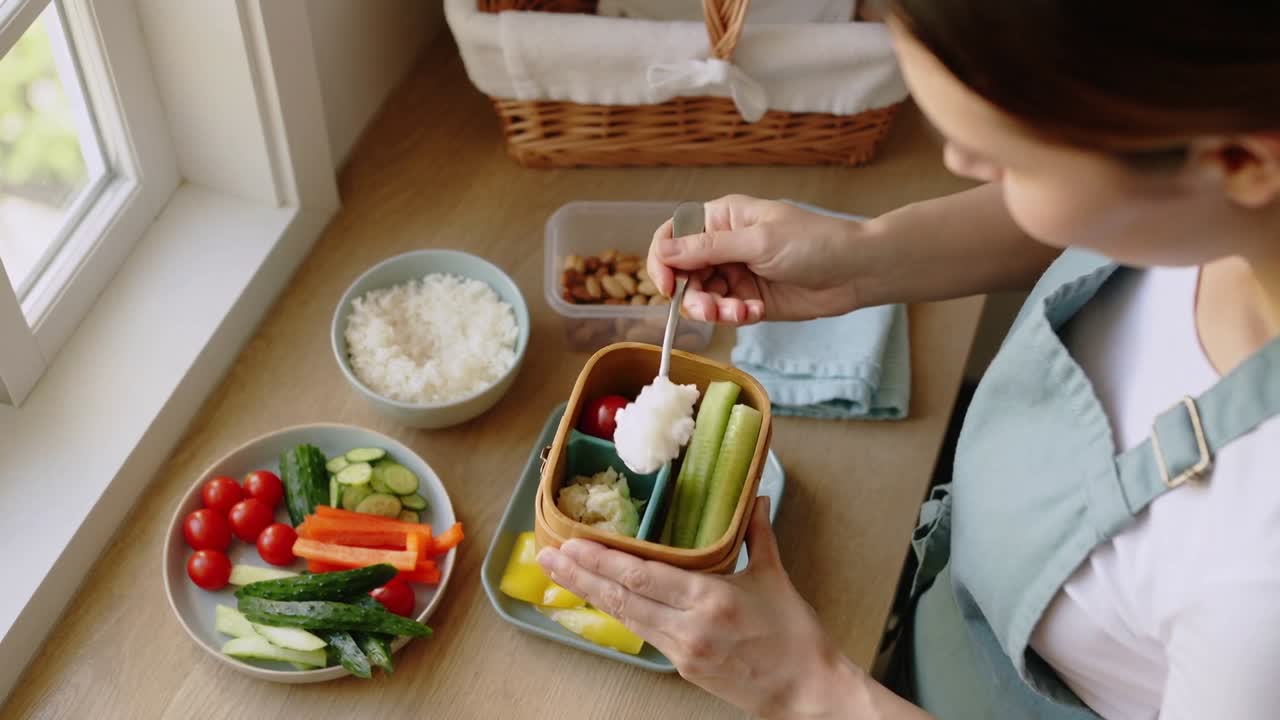 Cuoco casalingo che prende un cucchiaio, porziona il riso in una bento box e sistema le verdure per la preparazione dei pasti