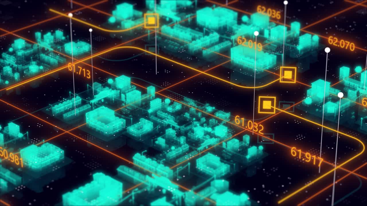 Holographic Smart City Animation. Digital Data. High-speed Mobile Internet. 5G Network Communication Technology Concept. Abstract Futuristic Background. 4K