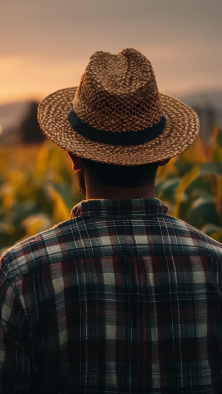 Una Serata Tranquilla nel Campo: Catturare l'Essenza della Vita Rurale con un Uomo con un Cappello di Paglia che si Erge tra Colture Rigogliose Sotto un Tramonto Dorato.