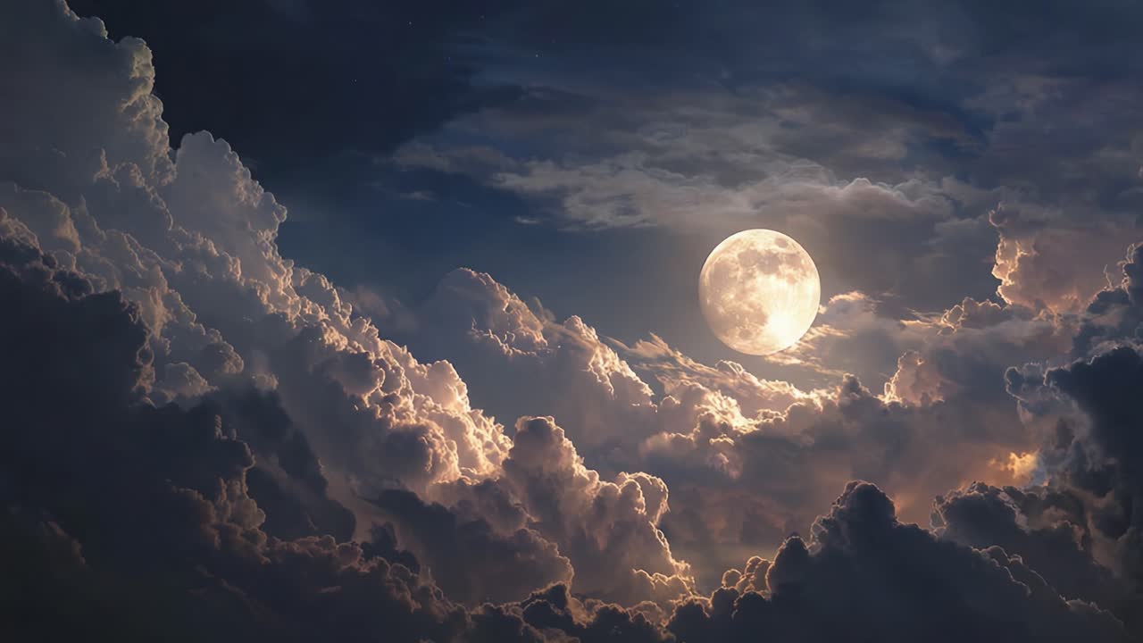 A Captivating Night Sky Illuminated by a Brilliant Full Moon Surrounded by Majestic, Fluffy Clouds Creating a Dreamlike Atmosphere