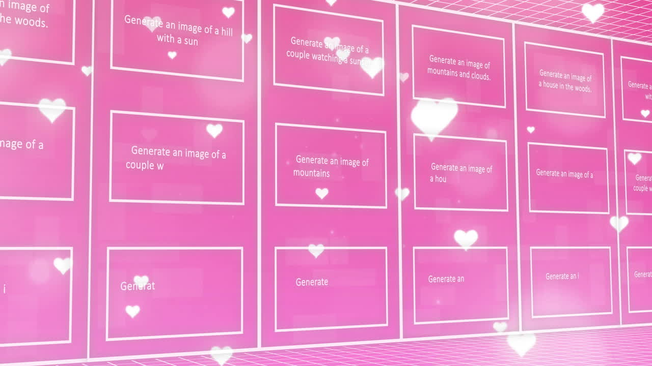 텍스트, 직사각형의 그림과 하트 모양과 배경의 이진 코드의 애니메이션