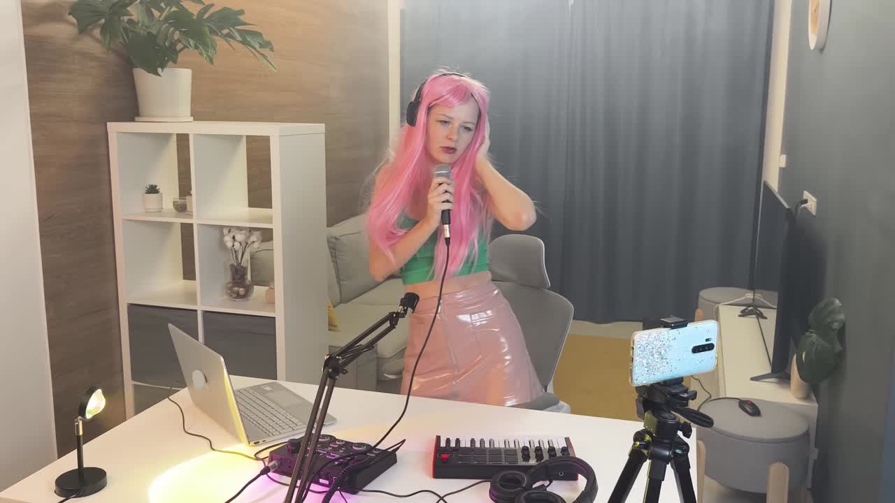 가정 녹음 스튜디오 에서 노래 하는 여자