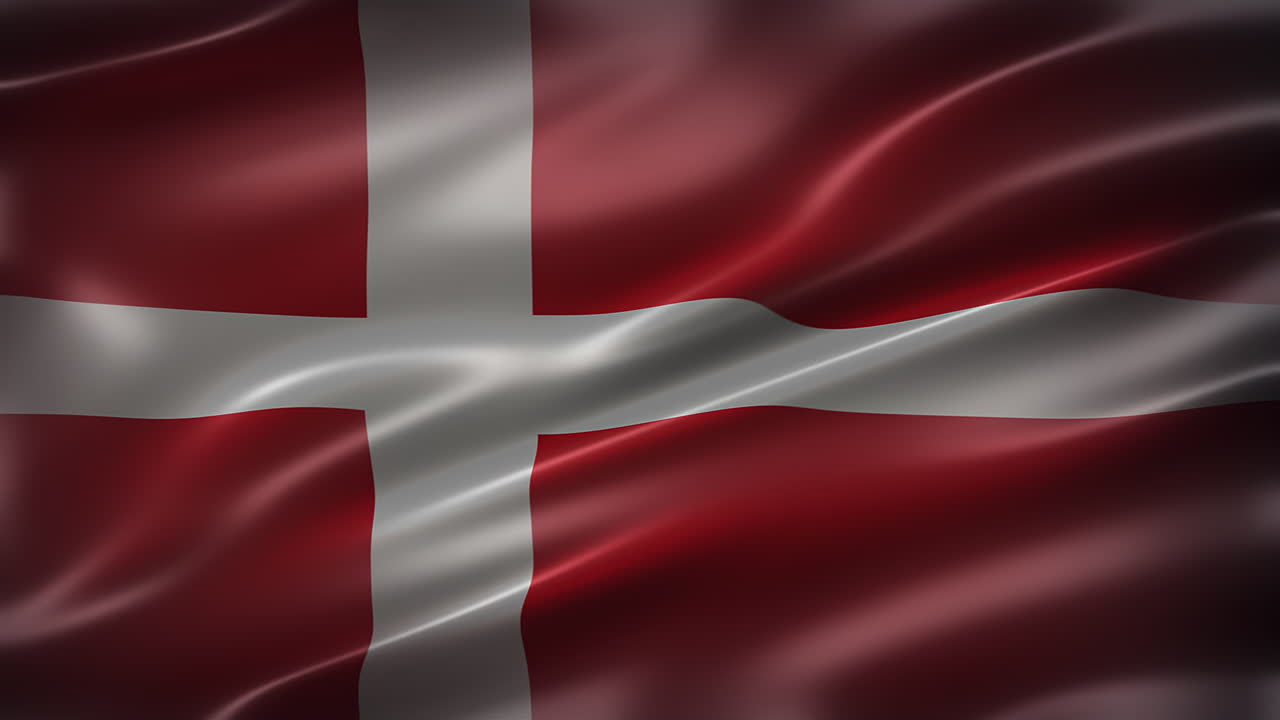 Dannebrog, forfra, fuld ramme, blank, elegant silkeblød tekstur, flagrende, vajende i vinden, realistisk 4K CG-animation, filmlignende følelse og udseende, sømløs loopbar