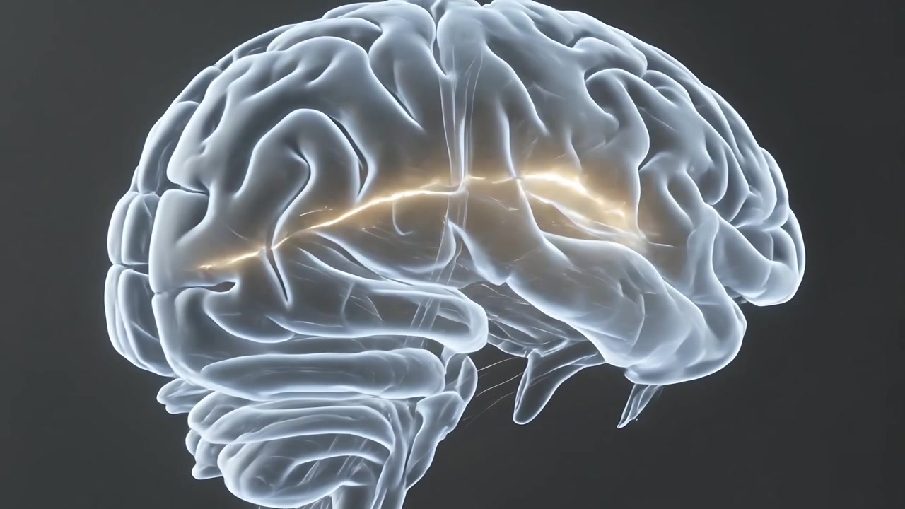 Roterende 3D-hjernemodel viser gylden gnist, der sender neuralt signal langs lateral cortex, med indzoomning.
