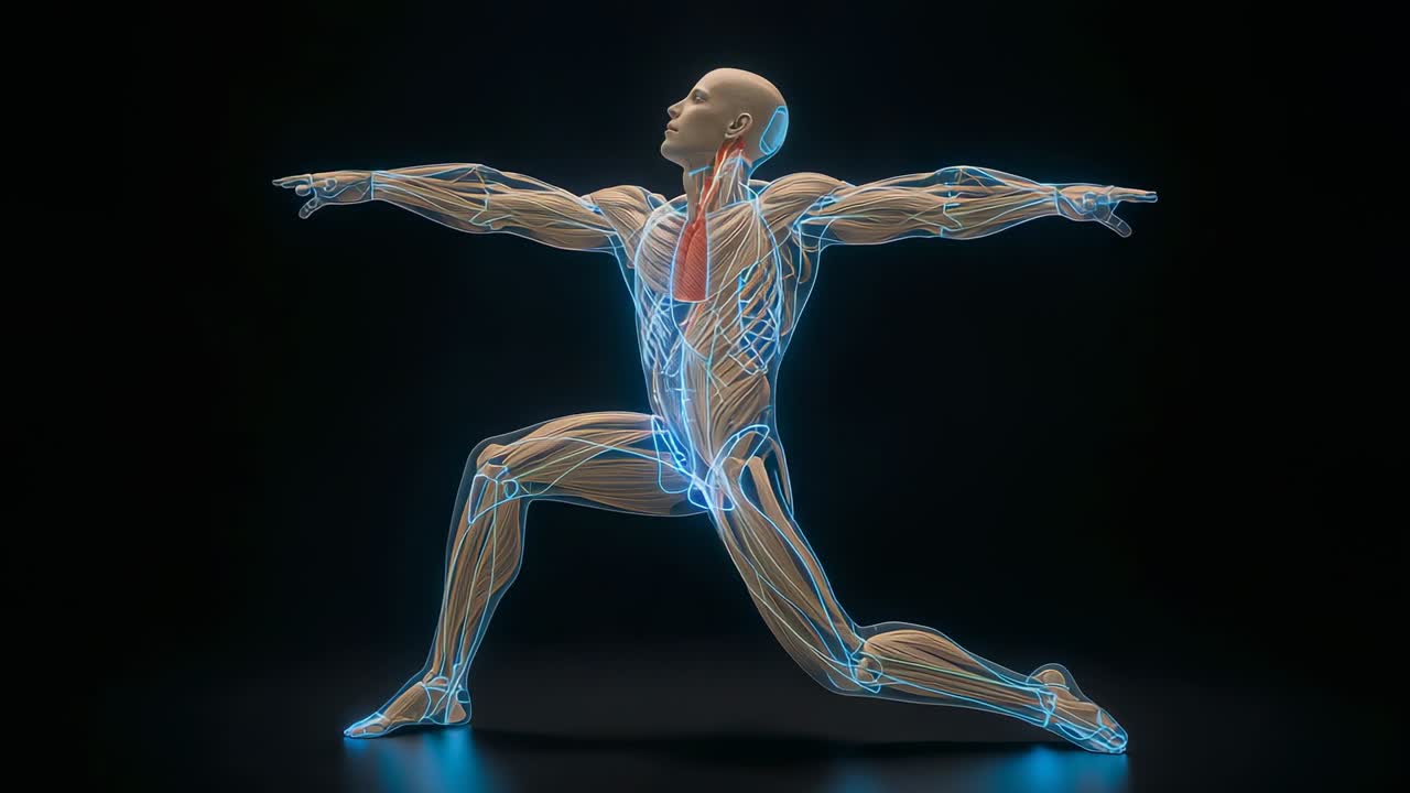 Responding to pulsing lights anatomical model holding low lunge in studio demonstrating anatomy