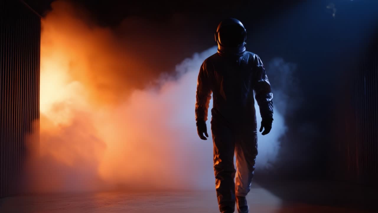 Osamělý astronaut kráčí sebevědomě dynamickým, mlhou zahaleným prostředím, osvětleným kontrastními světly, symbolizujícím průzkum a dobrodružství do neznáma.