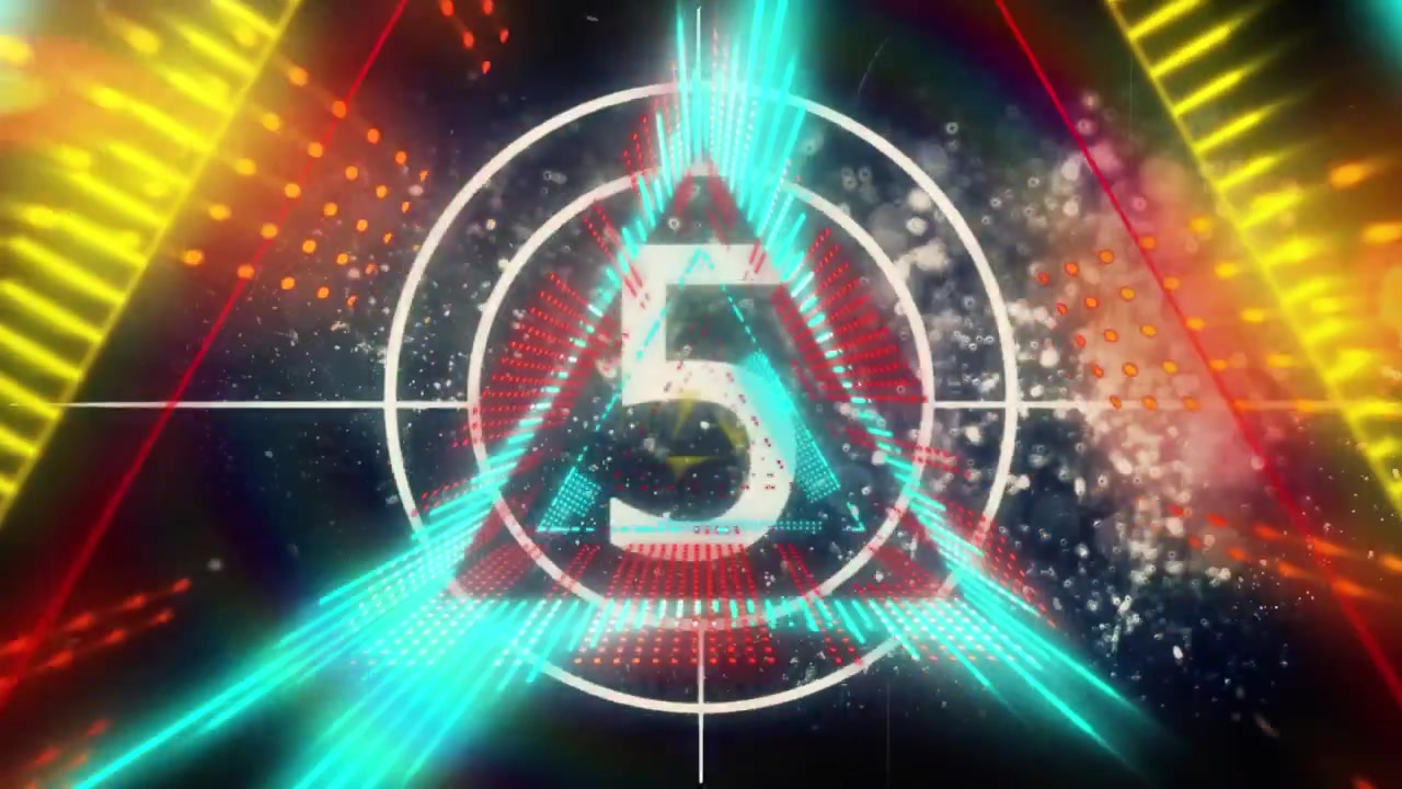 Animation of numbers in circle over abstract triangle with light beams on digital interface