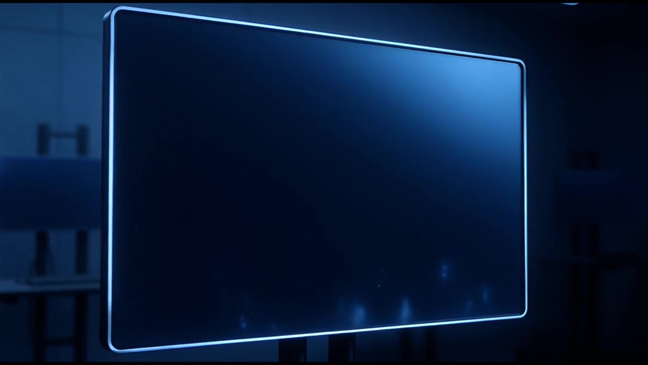 Modern Digital Screen with Glowing Blue Outline Rotating in Dark Room