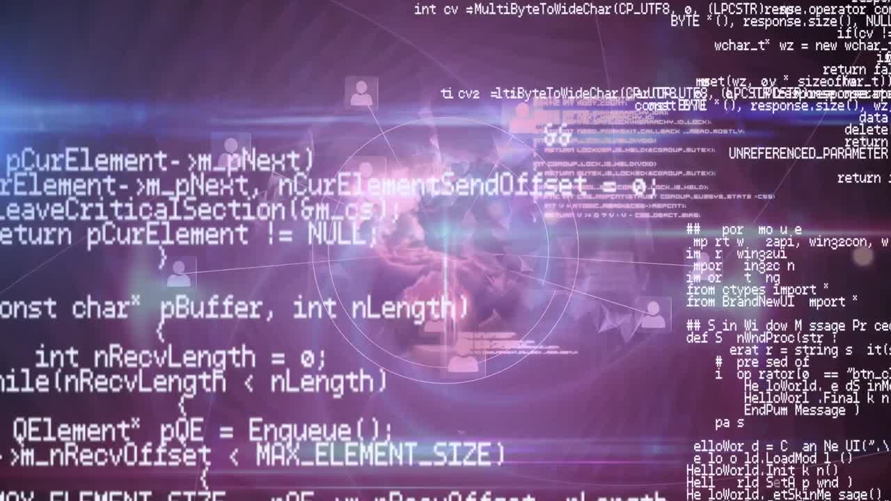 animación digital del procesamiento de datos sobre iconos de perfil contra un globo giratorio sobre fondo púrpura