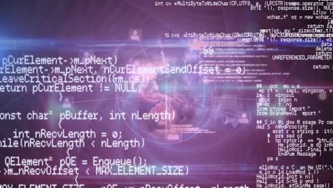 Digital-animation-of-data-processing-over-profile-icons-against-spinning-globe-on-purple-background