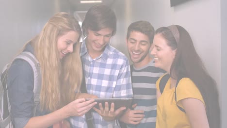 animation of light background over diverse students smiling and using tablet