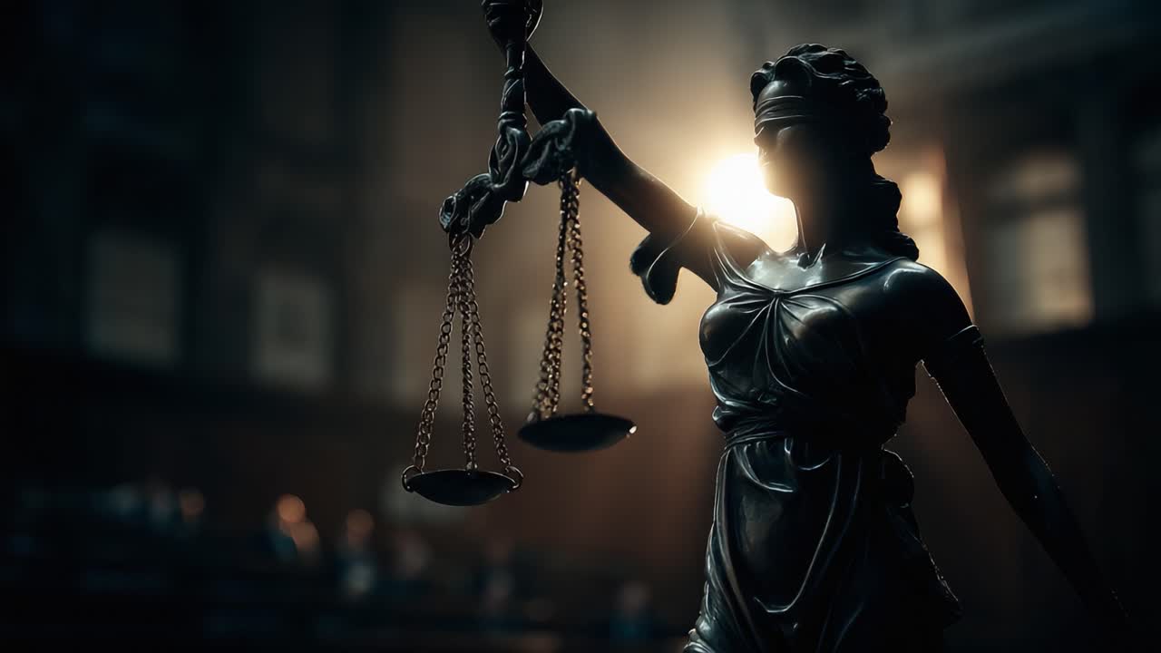 A Reverent Representation of Justice: A Blindfolded Lady Justice Statue Holding Scales in a Dimly Lit Courtroom Setting, Symbolizing Fairness and Legal Integrity