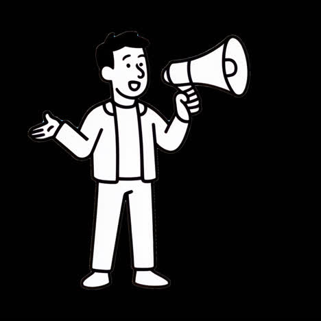 Cartoon man with megaphone animation isolated asset, transparent 4K video, alpha channel, ProRes