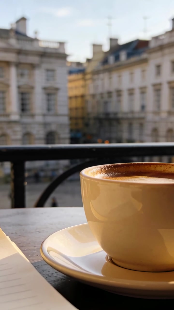 Vídeo vertical: Câmera se movendo, aproximando uma xícara de cerâmica com creme em uma varanda de café, com um caderno.
