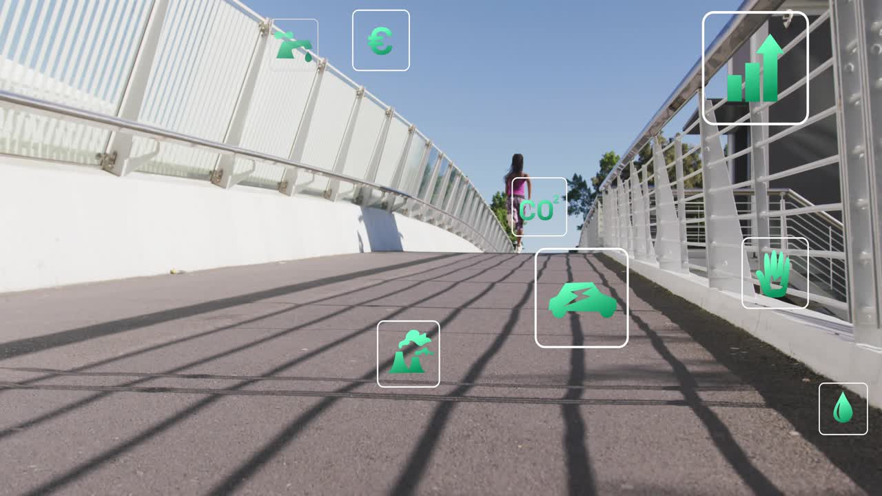 Woman runner starting near low cam running uphill bridge, green icons overlaying sustainable impact
