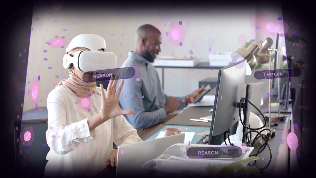 Woman wearing VR headset testing tech making pinch-to-open-to-fingertip gestures activating AR UI